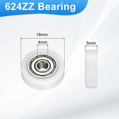 Four Pack Roller Idler Pulleys 4x18x5mm With 624ZZ Bearings For Furniture Hardware Quiet Conveyor Rolling Wheels Flat Pulleys In White Durable POM Material For Heavy Duty Low Noise And Vibration, white pulley with 4mm bore and 18mm OD