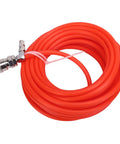 Hella Smooth Flex Eva Air Compressor Hose Featuring No Sweat Quick Connect Ends 33 Foot Oil Resistant Pneumatic Line coiled in red.