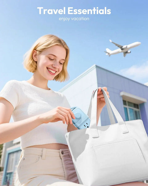 Woman placing Travel Power Strip With 4 Outlets And 3 USB Ports USB C in bag, plane overhead, ideal for vacations and travel.