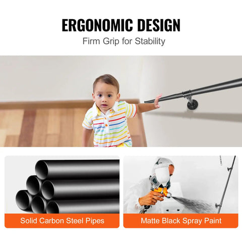 Child using Beefy 8 Foot Pipe Stair Handrail Set With Wall Mounts Three 31.5 Inch Sections Carbon Steel Industrial Railing designed for stability.