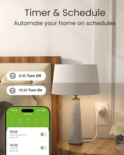 Dual Band Smart Plug With Remote Control, Works With Alexa And Google Home, 5GHz And 2.4GHz WiFi, plugging a lamp on a table