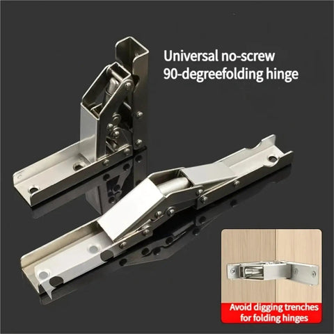 Silvery 90 Degree Folding Hinges No Slot Flush Mount for Countertop Support 180 Degree Hidden Design, shown in open position