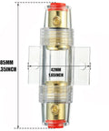 Heavy Duty In Line AGU Fuse Holder With 60 Amp Fuses For 4 To 8 Gauge Wire, clear body with gold-plated fuse connections.
