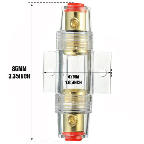 Heavy Duty In Line AGU Fuse Holder With 60 Amp Fuses For 4 To 8 Gauge Wire, clear body with gold-plated fuse connections.