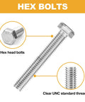 Hex bolts assortment kit; angled view of 3-inch stainless steel bolt with hex head and UNC thread.
