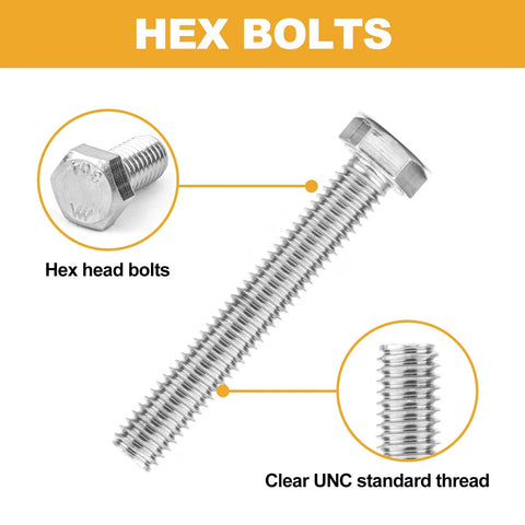 Hex bolts assortment kit; angled view of 3-inch stainless steel bolt with hex head and UNC thread.