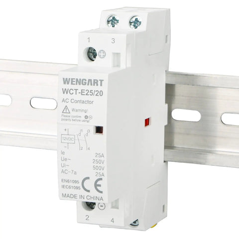 Side view of a 12V DC Coil Contactor 25 Amp 2 Pole Normally Open Noise Free Switch for RV, Solar and Smart Systems, 35mm DIN Rail Mount.