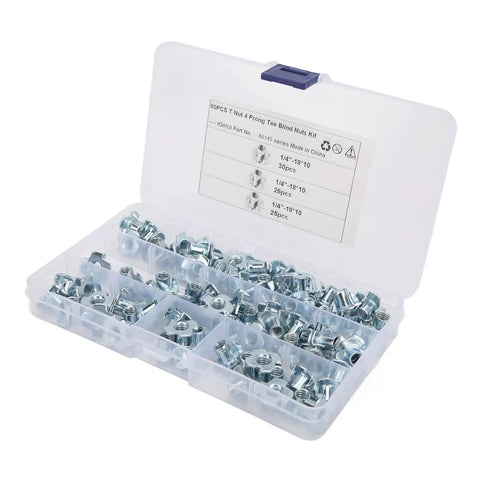 80 Piece Four Inch Carbon Steel T Nut 4 Prong Blind Nuts Kit in plastic organizer