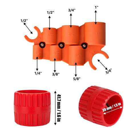 2 Pack Pipe Deburring and Chamfer Tool Kit with depth gauge, showing red chamfer bits and orange depth gauge sizes from 1/4 to 1 inch