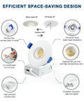 Diagram illustrating the 4 Inch Led Recessed Lights Dimmable 12 Pack Ultra Thin With Junction Box Adjustable Trim 5 Color Temperature 2700K To 5000K ETL Certified Perfect For Bedroom Bathroom Kitchen Hallway And More, showing rotation features and components like aluminum body and LED chip.