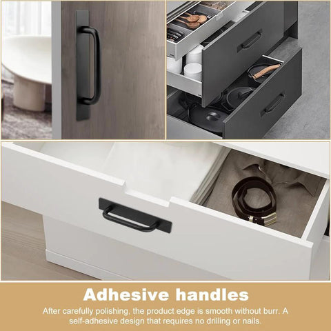 Adhesive Cabinet Handles 5.83 Inch 2 Pack No Drill Installation on kitchen and bathroom drawers with matte black finish.