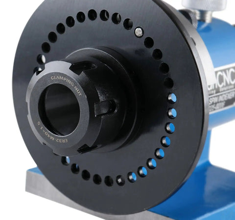 ER32 Shop Ready Pro Grade Precision Spin Index with wrench for indexing, five-inch plate with 36 holes, on blue base