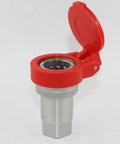1/2 in hydraulic quick-connect coupling with red dust cap; metal body