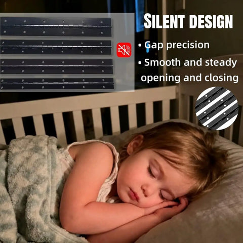 Rugged Black Stainless Steel Piano Hinges Six Inch Continuous Door Strips With Pre Drilled Mounting Slots displayed with a sleeping child.