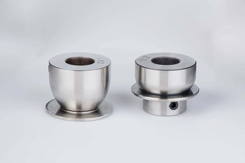 Close-up of Bead Roller Pro Grade Radius Die Set for Metalworking, two round over dies in Cr12 steel, displaying different sizes.