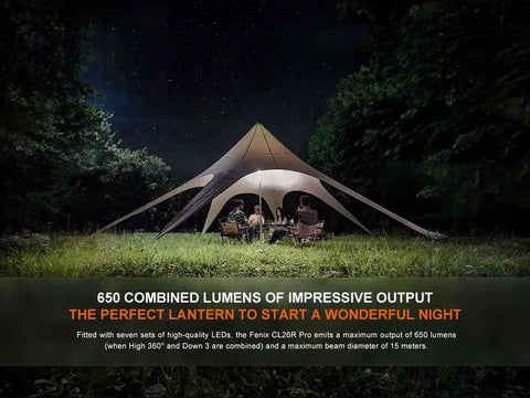 CL26R Pro Camping Lantern Olive Drab 650 Lumens USB C Rechargeable under tent in outdoor campsite at night