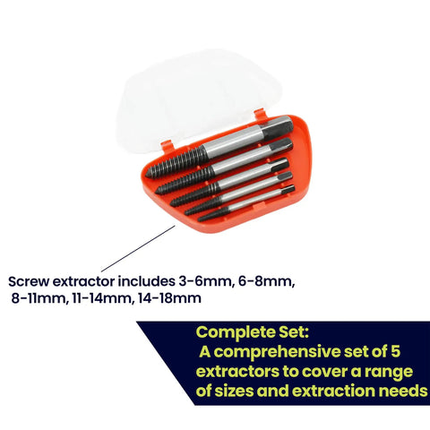 5 Piece Damaged Nut And Bolt Extractor Set with Hardened High Carbon Steel and Anti Corrosion Finish Includes Case Reverse Spiral