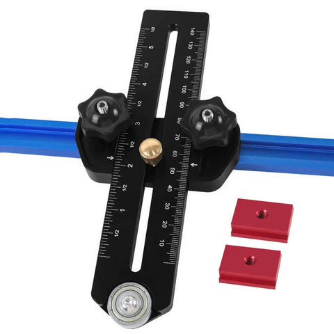 Rock Solid Aluminum Thin Rip Jig For Precision Woodworking Projects with a measuring scale and clamping knobs.