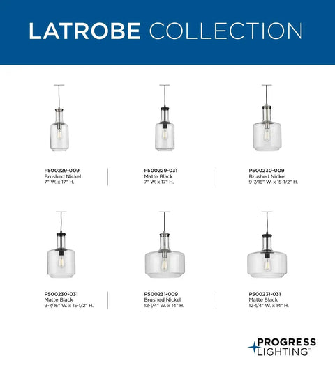 Latrobe Collection 1-Light Clear Glass Coastal Pendant Light In Matte Black with bottle-shaped shade display.