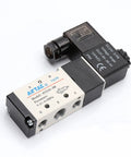 DC Twelve Volt Solenoid Valve For Pneumatic Systems, 4V210-08 Two Position Five Way Electric, aluminum alloy body, product angle view.
