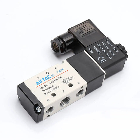 DC Twelve Volt Solenoid Valve For Pneumatic Systems, 4V210-08 Two Position Five Way Electric, aluminum alloy body, product angle view.