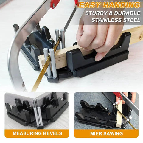 Real Deal Two In One Mitre Measuring And Cutting Tool For Swift Precision Woodworking Cuts, stainless steel angle finder in use.