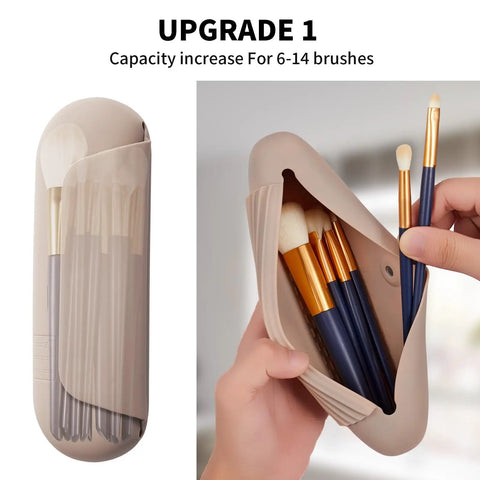 Silicone Makeup Brush Holder Travel Cosmetic Bag With Magnetic Closure Soft Portable Case in use showing brush capacity