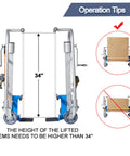 Heavy Duty Furniture And Crate Mover Moving Dolly 1210 Lb Capacity Mechanical Lift with 34-inch height guideline for safe transport.