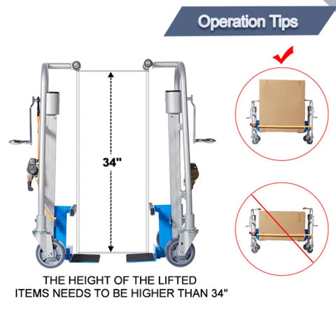 Heavy Duty Furniture And Crate Mover Moving Dolly 1210 Lb Capacity Mechanical Lift with 34-inch height guideline for safe transport.