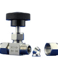 YTUANXSALOUE stainless steel needle valve, front view with knurled black knob and compression fittings