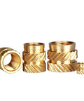 Premium Brass Knurled Insert Nuts For 3D Printers, Hot Melt Threaded Inserts M2 To M6 set of various sizes in polished brass.