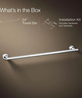 Purist 24 Inch Towel Bar Polished Chrome For A Sleek Bathroom Upgrade With Clean Architectural Lines And Durable Solid Brass Construction Easy Wall Mount Install Complements Modern Faucets And Fixtures, shown with installation kit and hardware.