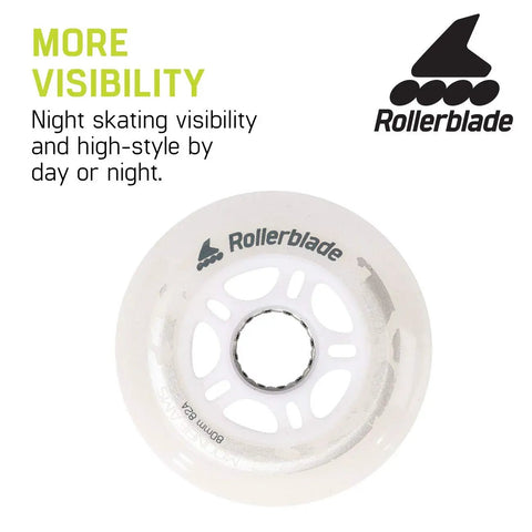 Moonbeam LED 80mm 82A Wheel Set 4 Pack For Inline Skates White With Glowing Night Visibility, single wheel close-up