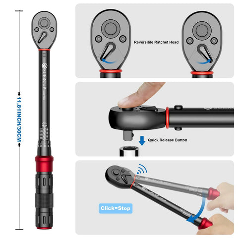 3/8 Inch Drive Click Torque Wrench Dual Direction Adjustable 5-45 Ft-Lb / 6.8-61 Nm with 72-Tooth for precision repairs