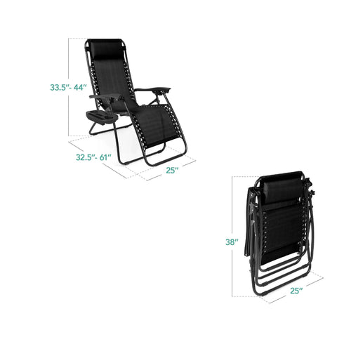 Dimensions of Set Of 2 Adjustable Zero Gravity Lounge Chairs With Steel Mesh, Pillows, And Cup Holder Trays, Foldable and Portable, Black