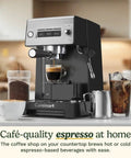 Professional Grade Home Espresso Maker Featuring Solid Twenty Bar Pressure And A Stainless Steel Bottomless Portafilter For Straight Up Cafe Kick And Zero Fuss Brewing Any Day brewing espresso shots in a modern kitchen.