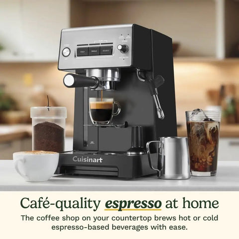 Professional Grade Home Espresso Maker Featuring Solid Twenty Bar Pressure And A Stainless Steel Bottomless Portafilter For Straight Up Cafe Kick And Zero Fuss Brewing Any Day brewing espresso shots in a modern kitchen.