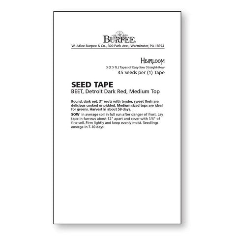 Package of Detroit Dark Red Beet Seed Tape Medium Top With 45 Seeds Per Tape for home gardens, easy sowing and sweet harvest in 59 days.