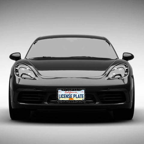 Front view of a black car with Dope Leopard Print License Plate Frames 2 Pack Aluminum Rustproof Waterproof Car Tag Frame With Screws And Caps Cheetah Style.