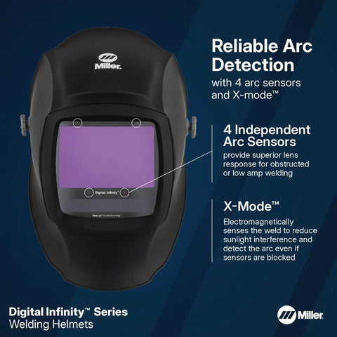 Digital Infinity Auto Darkening Welding Helmet With ClearLight 4x Lens, 13.4 Sq In Viewing Area, front view showing arc sensors