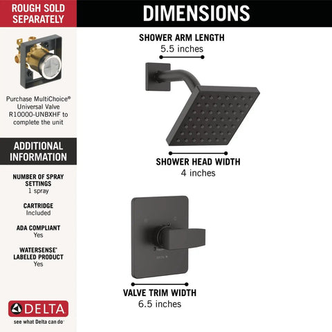 Dimensions of Matte Black Shower Faucet Trim Kit With Head And Handle, Universal MultiChoice Compatibility pictured
