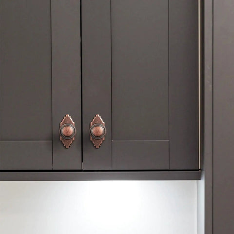 6 Pack Antique Copper Cabinet Knobs With Backplates, Zinc Alloy Drawer Pulls For Kitchen Cabinets installed on dark cabinet
