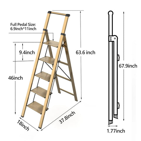 Five Step Ladder With Handrail Champagne Gold For Home Use Top Handle Design With Non Slip Rubber Feet Stable Easy Up And Down Stool For Kitchen Garage And Office Tasks, 63.6 inch tall