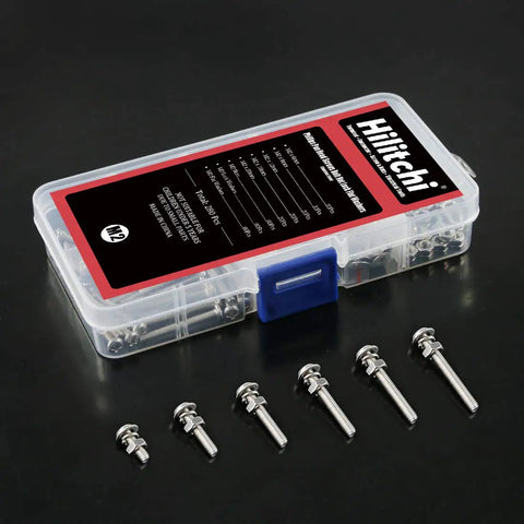 M2 Phillips Pan Head Screws Kit with Nuts, Lock Washers, 304 Stainless Steel in clear storage case on black background