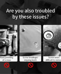 Issues with rusted, broken, and worn screws illustrated in three panels. Questions about screw jamming, breakage, and wear removal.