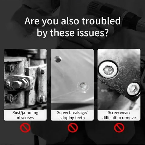 Issues with rusted, broken, and worn screws illustrated in three panels. Questions about screw jamming, breakage, and wear removal.