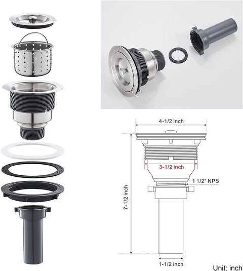 Diagram of 3.5 inch drain assembly for Undermount 19 Inch Single Bowl Stainless Steel Kitchen Sink SUS304 Space Saver