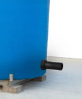 Close-up of Two Pack 1 Inch PVC Bulkhead Fittings with rubber seals in a blue water storage tank connector, black