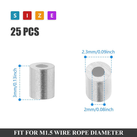 Top Tier Aluminum Wire Rope Stop Sleeves 1/16 Inch 1.5mm Crimp Loops 100 Pack Heavy Duty Steel Cable Ferrules for Rigging