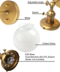 Details of Vintage Wall Sconce Lighting Fixture With 5.9-Inch Round Milk White Hand Blown Glass Globe Shade, showing switch and E26 base.